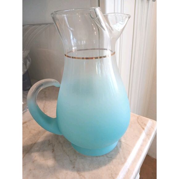 1950 West Virginia Blendo Glass Pitcher Frosted Turquoise Gold w Box Party MCM - Picture 6 of 16
